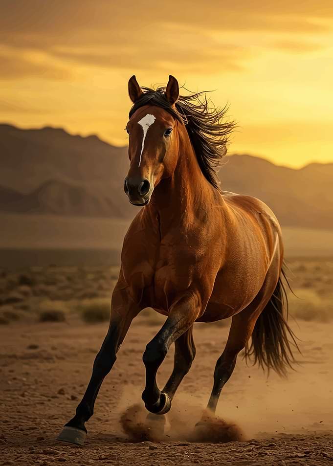 Horse Running in Desert Sunset