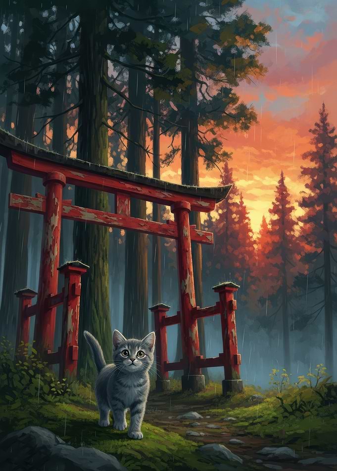 Kitten at a Torii Gate in a Forest