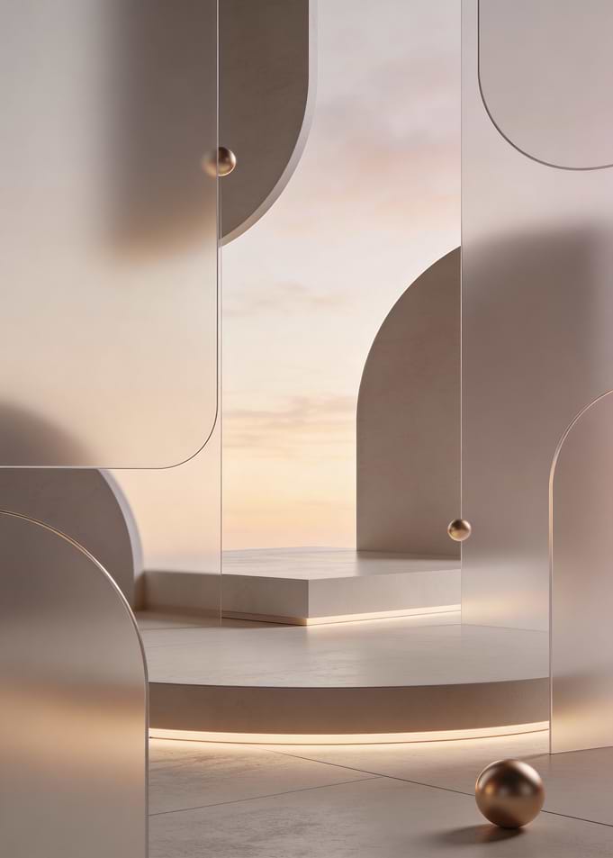 Abstract Geometric Scene with Golden Spheres