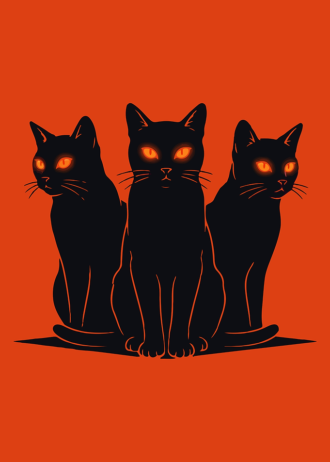Three Black Cats with Glowing Eyes