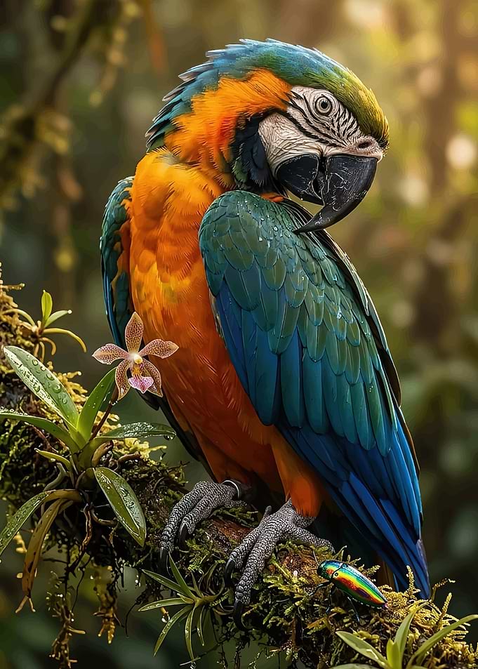 Blue-and-yellow Macaw with Orchid
