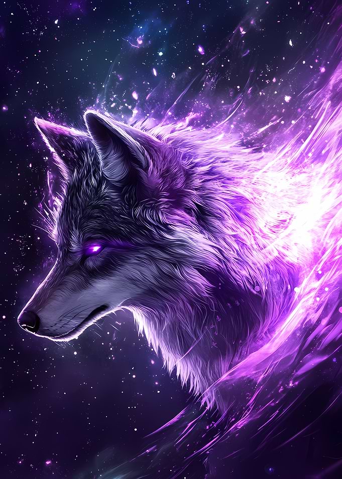 Cosmic Wolf with Purple Energy