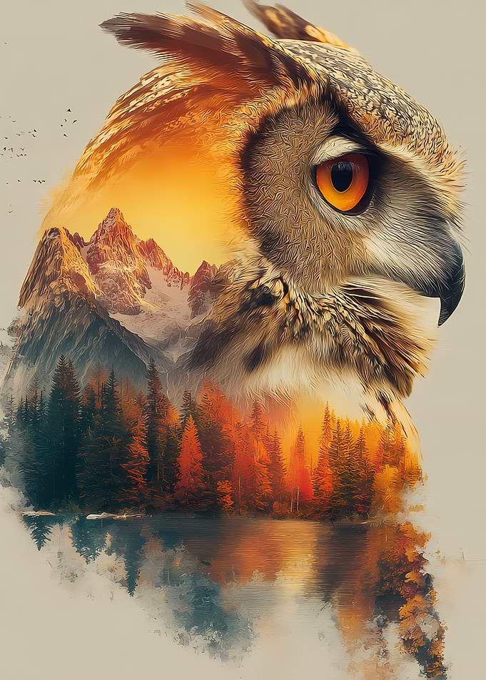 Double exposure owl and mountain landscape