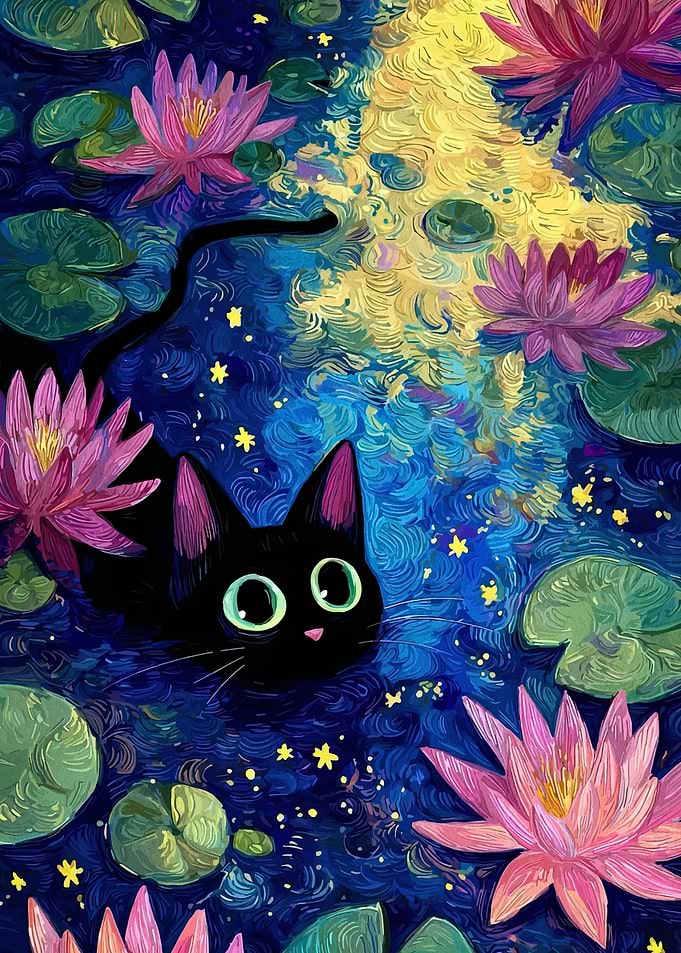 Black Cat in a Lily Pond