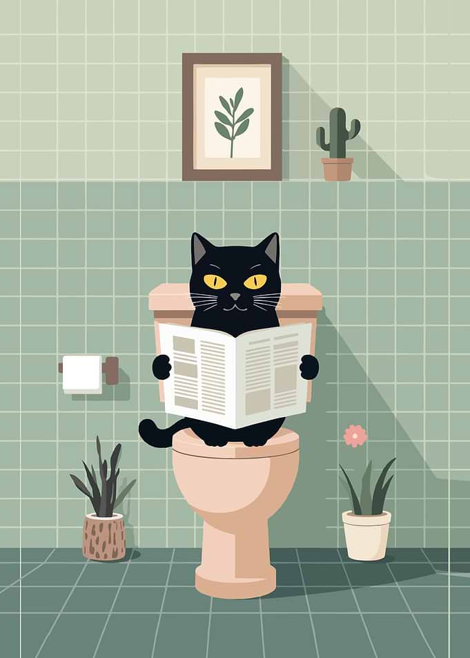 Cat reading newspaper on toilet