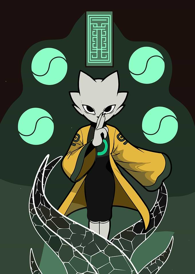 Mysterious Cat Character with Orbs