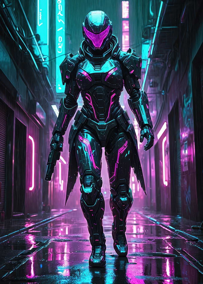 Neon Armored Sentinel — Cyberpunk Warrior in a Rainy Alley