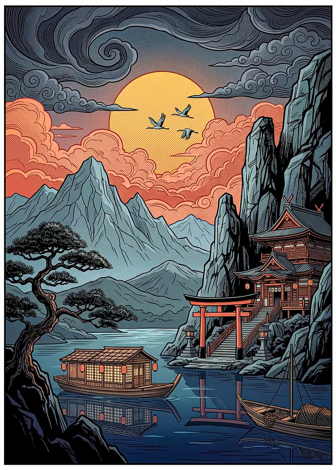 Serene Japanese Lakeside Temple at Sunset