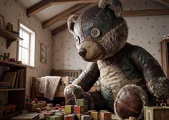 Patchwork Teddy Bear in a Toy Room
