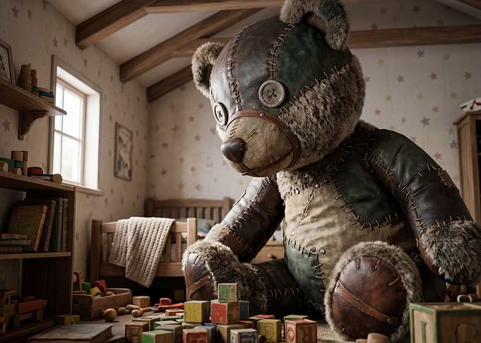 Patchwork Teddy Bear in a Toy Room