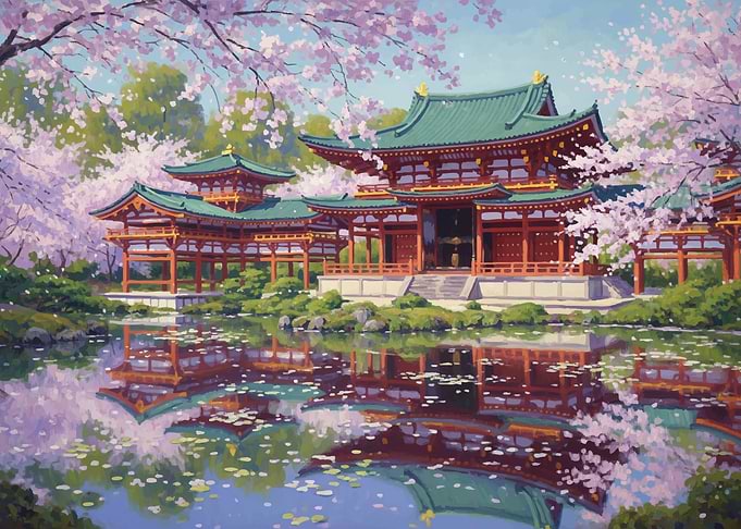 Japanese Temple in Cherry Blossom Season