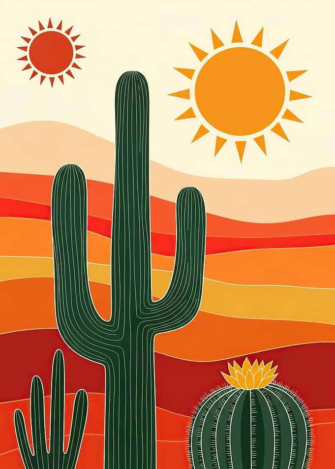 Desert Landscape with Cacti and Sun