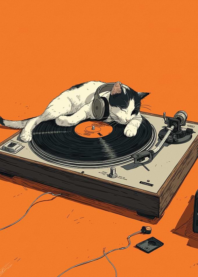 Cat Listening to Music on Turntable
