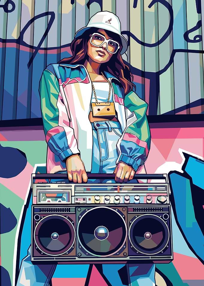 Retro Boombox Girl with Graffiti Background