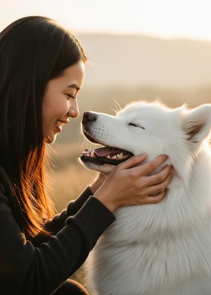 Woman and dog in golden hour