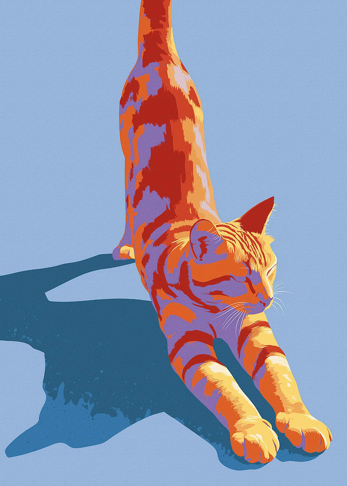 Stretching Cat with Colorful Stripes