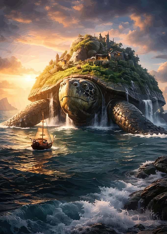 Giant Turtle Island with Village and Ship