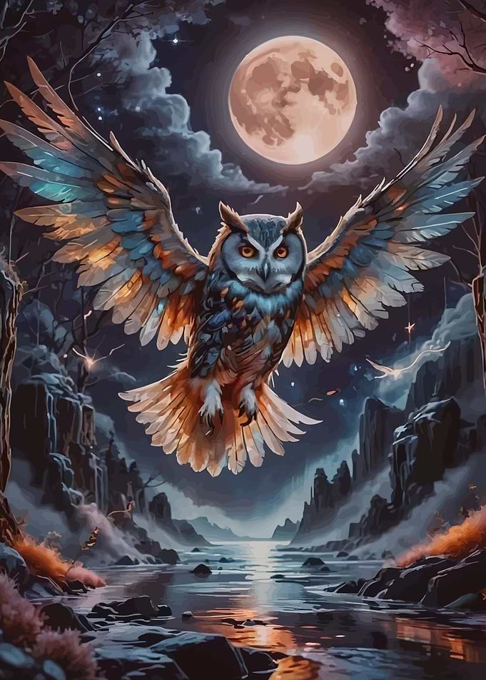 Majestic Owl in Moonlit Landscape