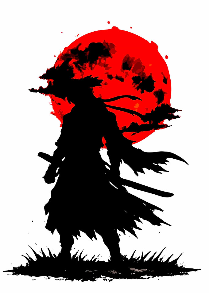 Samurai Silhouette Under Red Moon