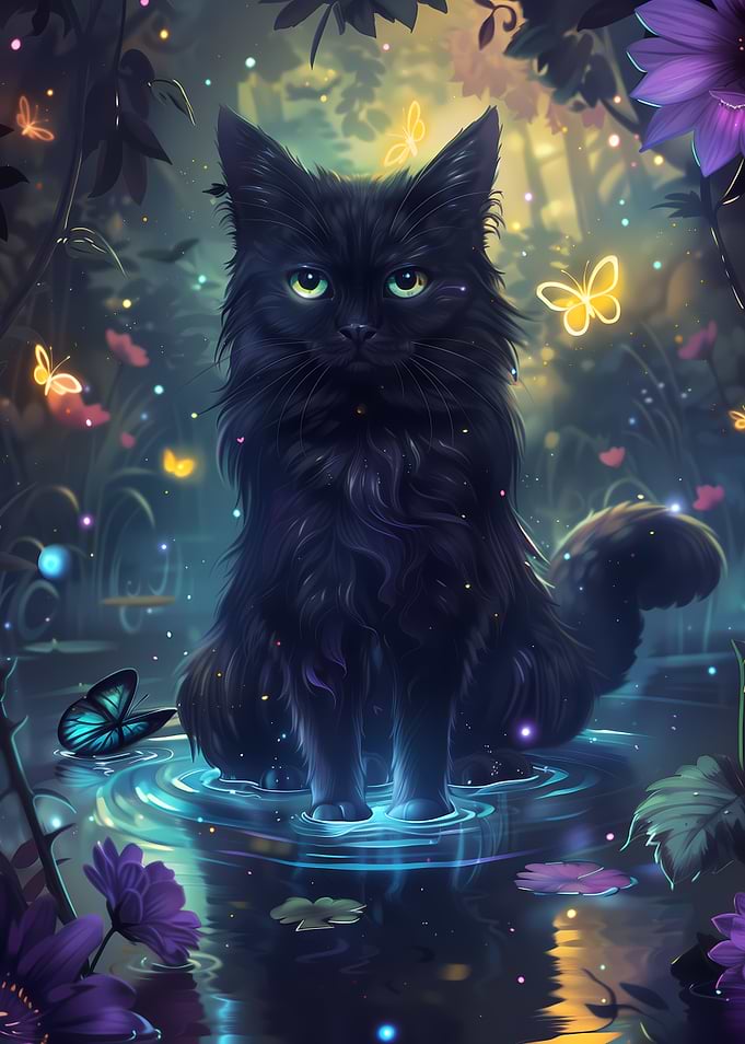 Enchanting Black Cat in a Magical Forest Pond