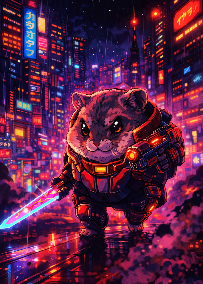 Cyberpunk Hamster Warrior with Neon Sword