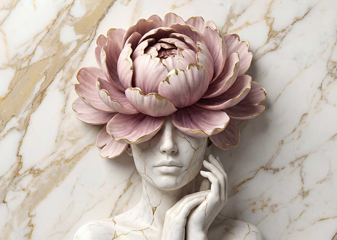 Marble Sculpture with Pink Flower Head
