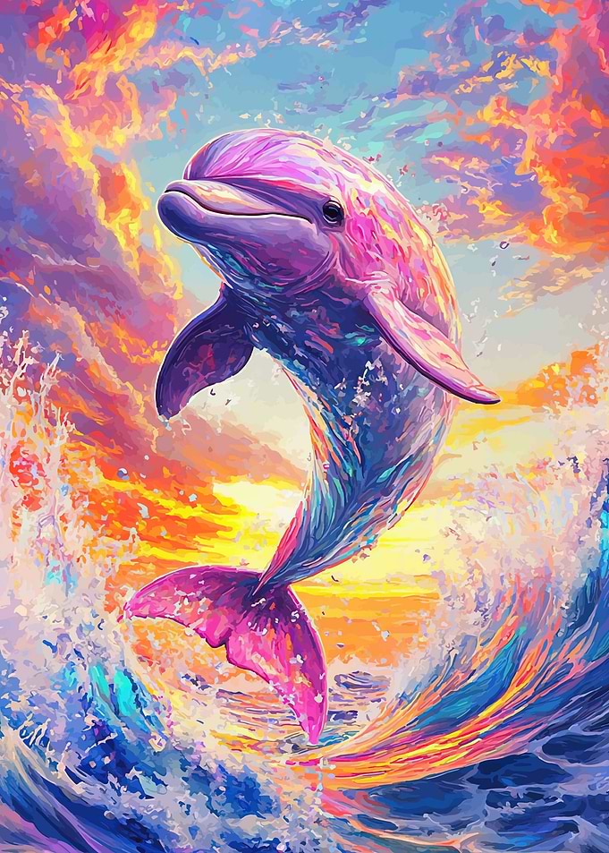 Vibrant Dolphin Jumping in Sunset Waves