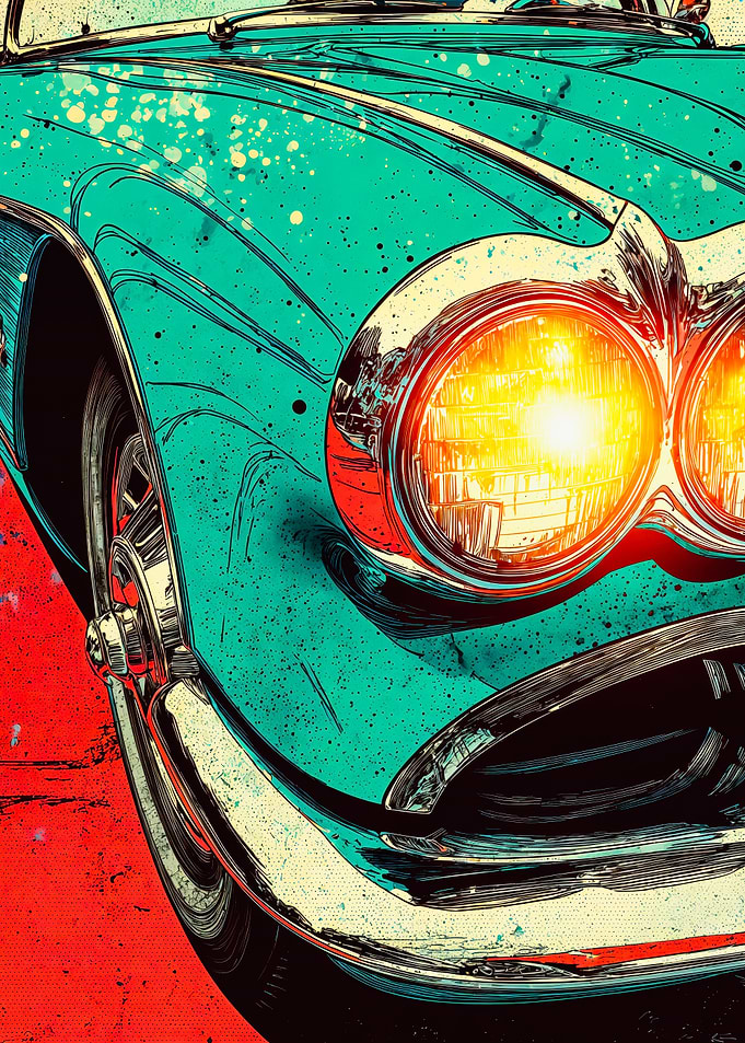 Vintage Teal Car Glowing Headlights