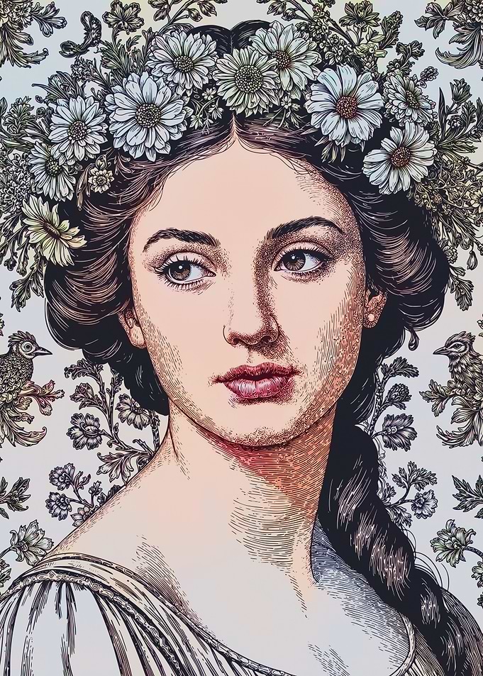 Woman with Flower Crown and Birds