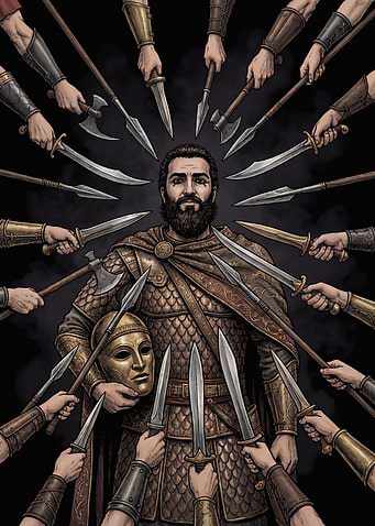 Warrior Surrounded by Weapons