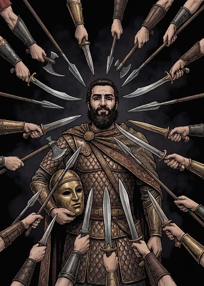 Warrior Surrounded by Weapons