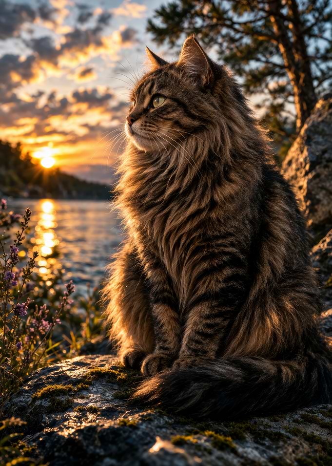Cat at Sunset by the Lake