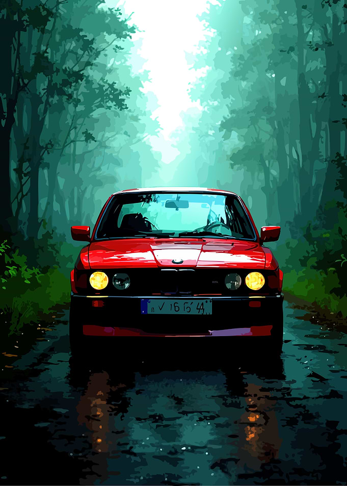 Red BMW driving through a misty forest