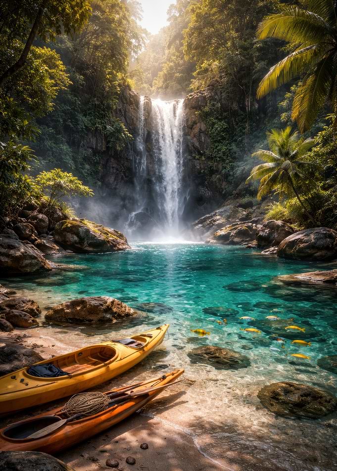 Tropical Waterfall Paradise with Kayaks