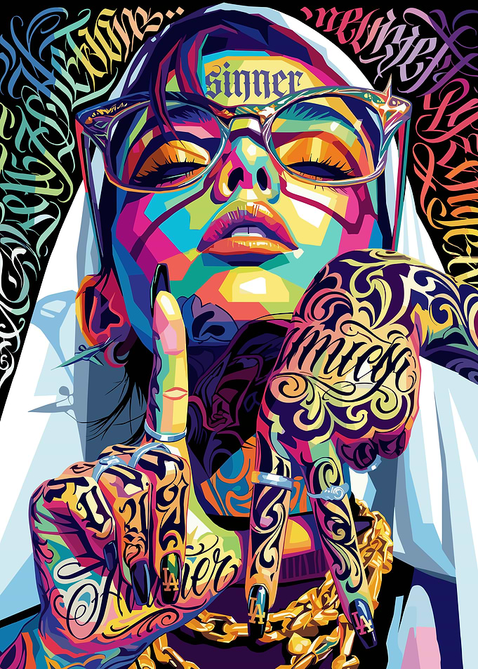 Vibrant Pop Art Portrait of a Tattooed Woman