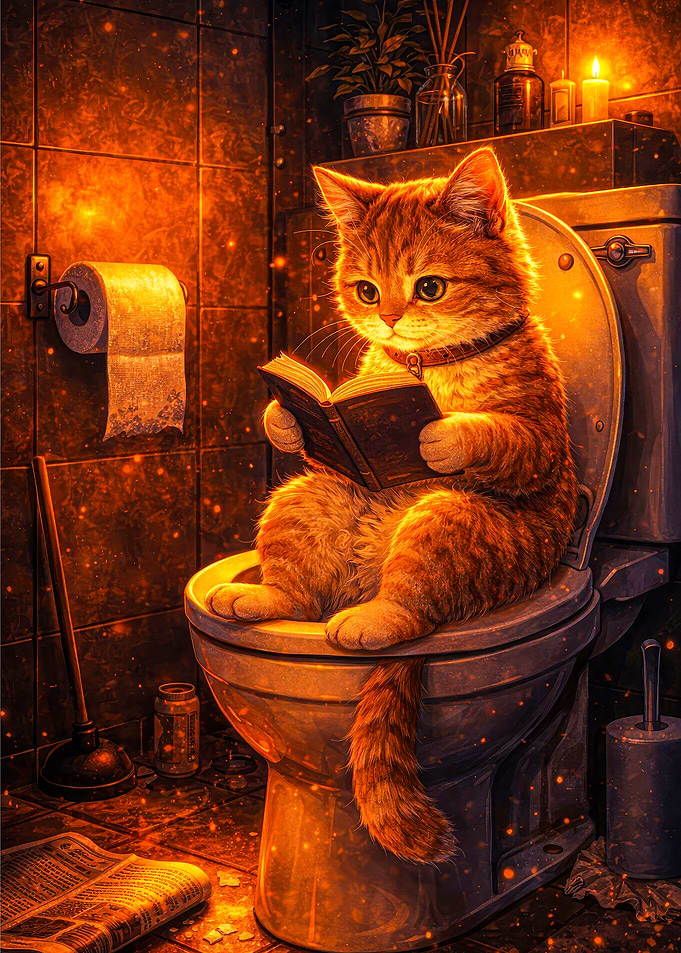 Cat reading on a toilet