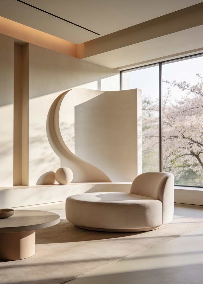 Modern Living Room with Cherry Blossoms