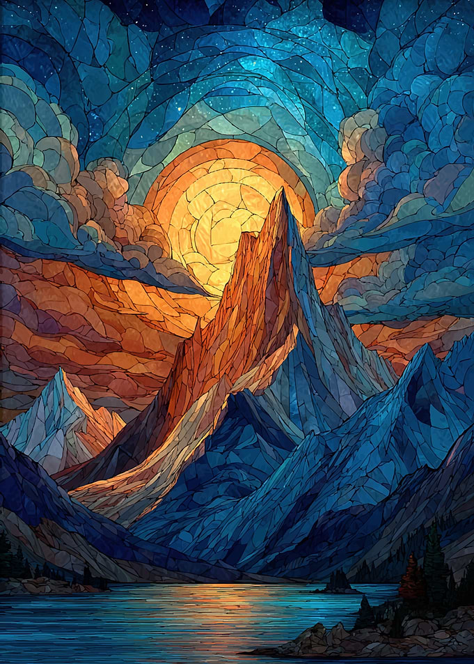 Stained Glass Mountain Sunset Over Lake