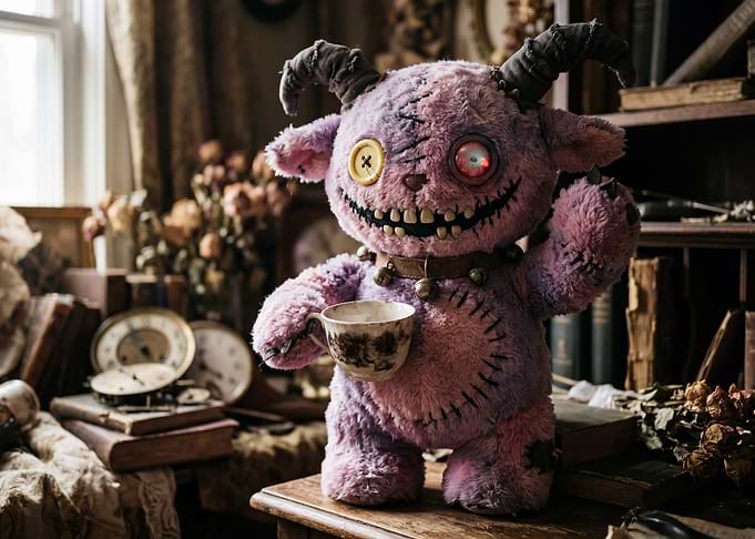 Creepy Plush Toy with Tea Cup