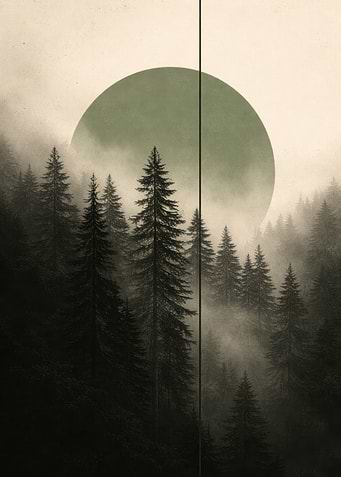 Misty Forest with Green Sun