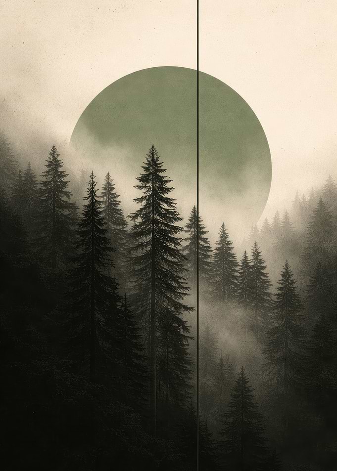 Misty Forest with Green Sun