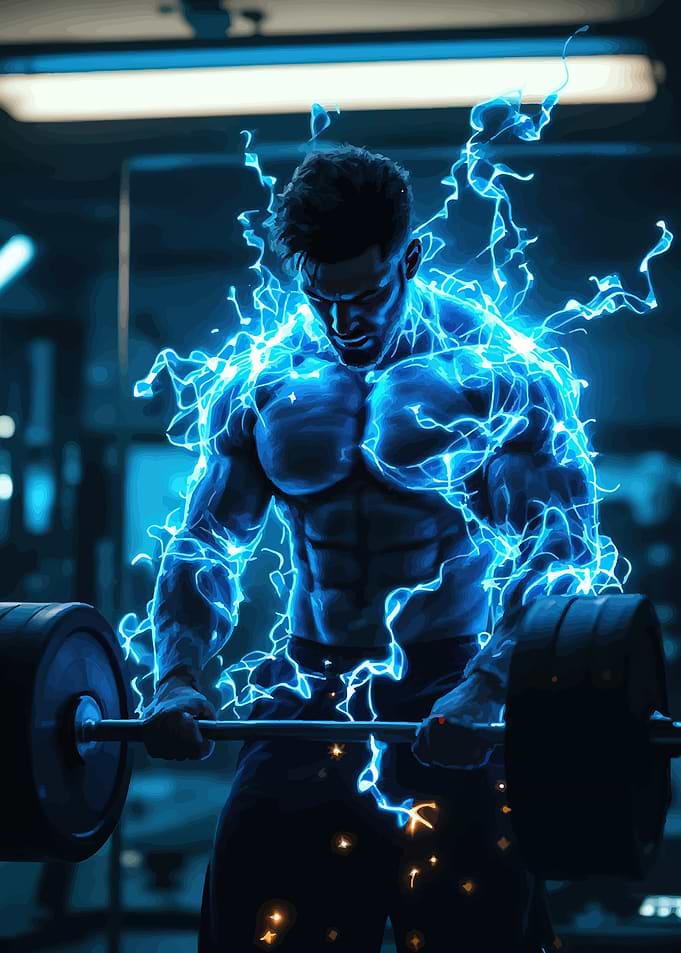Muscular man lifting weights with blue energy