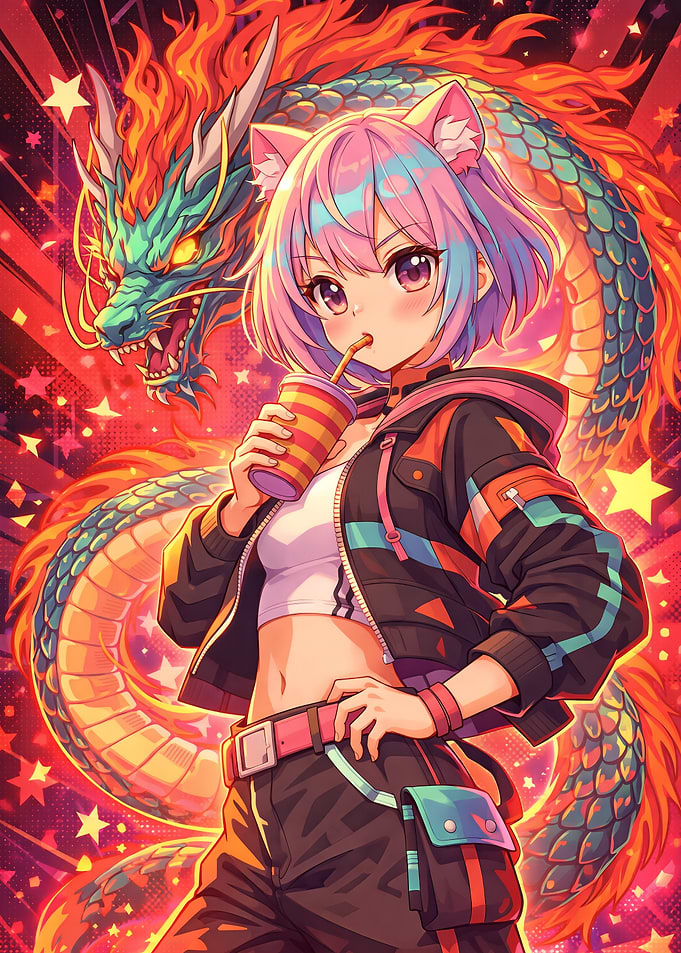 Anime Girl with Dragon and Drink
