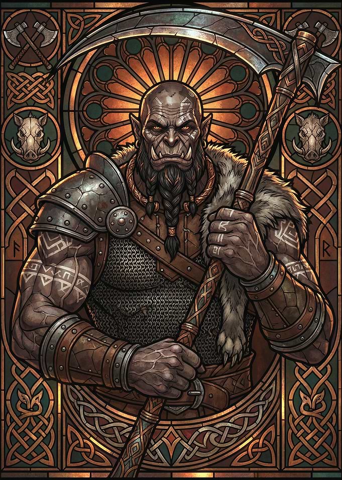 Orc Warrior in Stained Glass Style