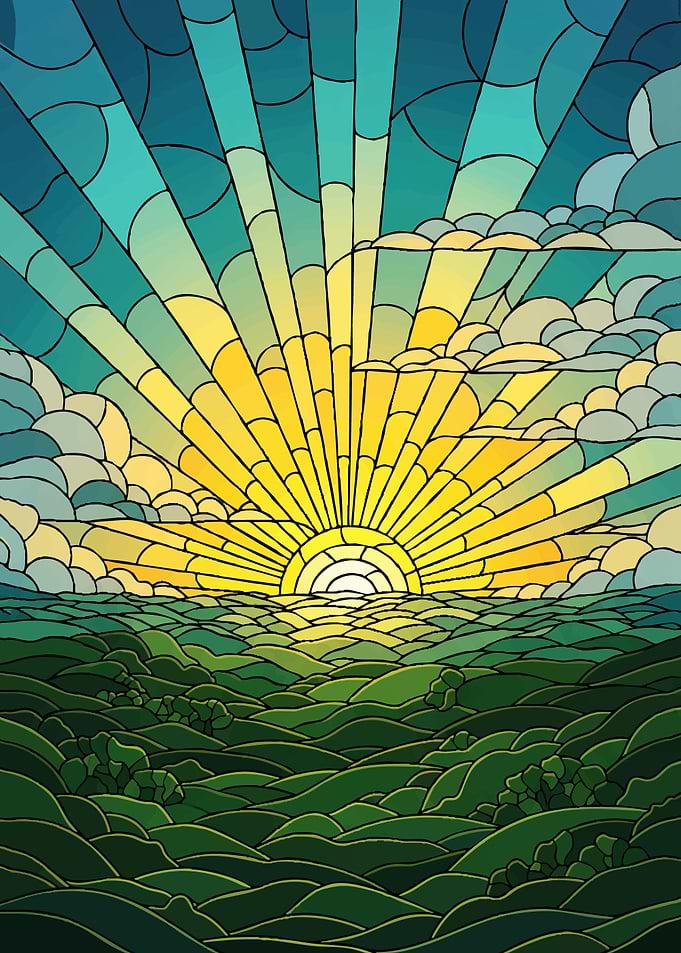 Stained Glass Sunrise Over Rolling Hills