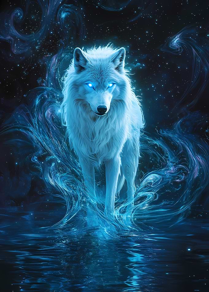 Mystical White Wolf in Cosmic Waters