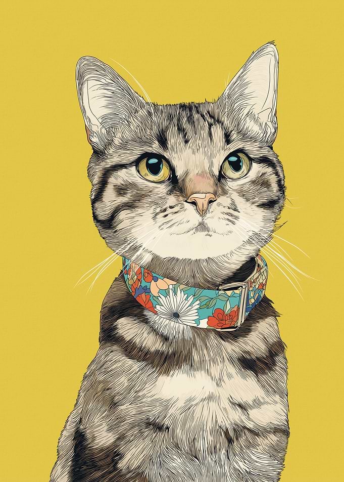 Tabby Cat Wearing a Floral Collar