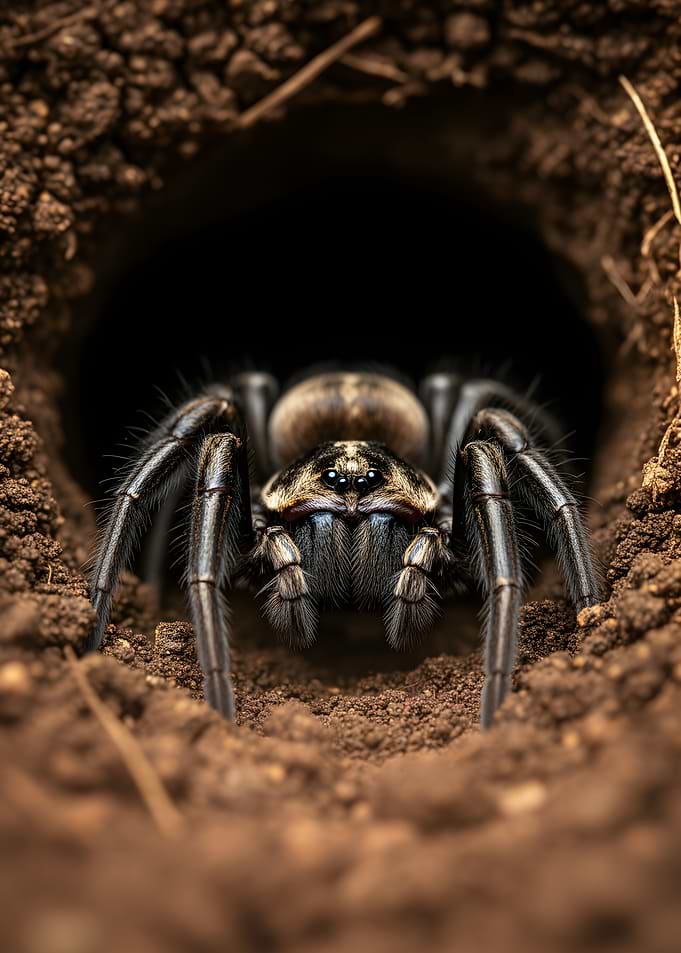 Spider emerging from a hole