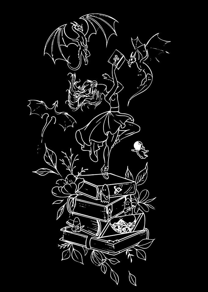 Fantasy Book Stack with Dragons and Girl