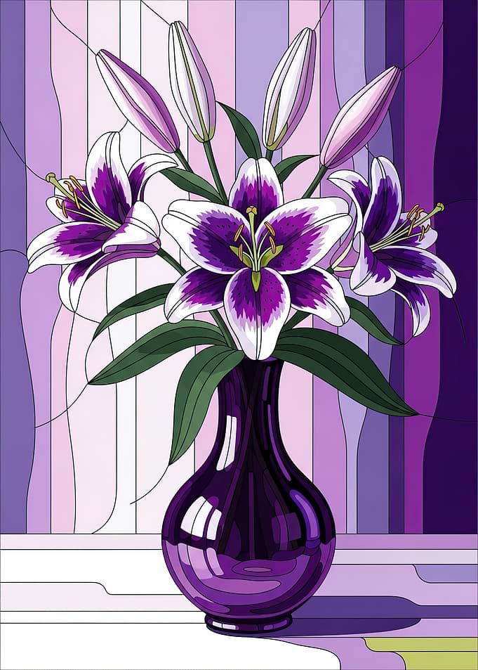Purple Lilies in a Stained Glass Vase